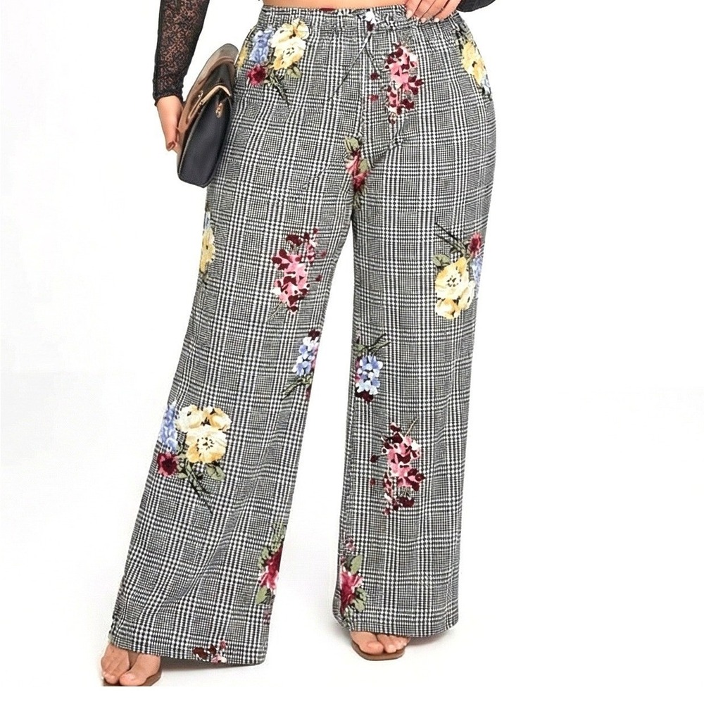 Ivy This Wide Leg Pants Womens 1X Black White Houndstooth Floral Plaid Excellent